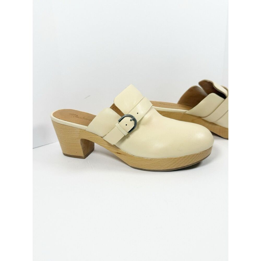 Madewell Monique Buckle Clogs Ivory Leather Chunky Wood Heel Buckle Slip On Sz 9 - Picture 7 of 16